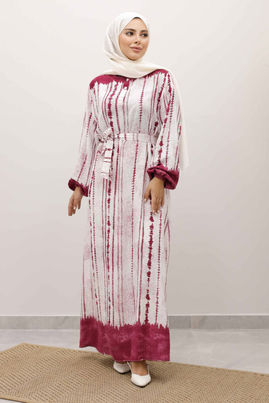 Batik Desenli Viskon Elbise TSD250229 Fuşya - 3