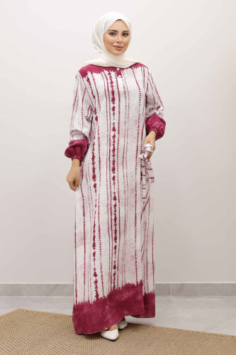Batik Desenli Viskon Elbise TSD250229 Fuşya - 5