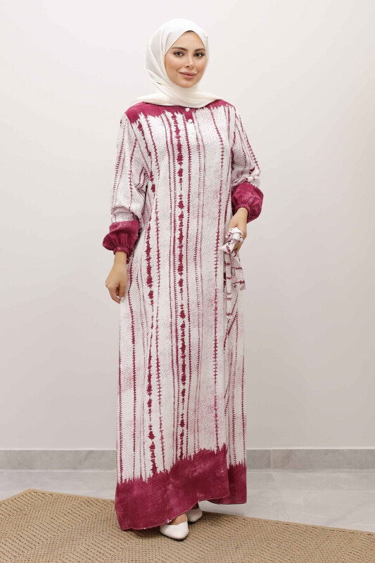 Batik Desenli Viskon Elbise TSD250229 Fuşya - 5