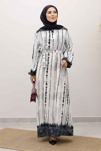 Batik Desenli Viskon Elbise TSD250229 Siyah 