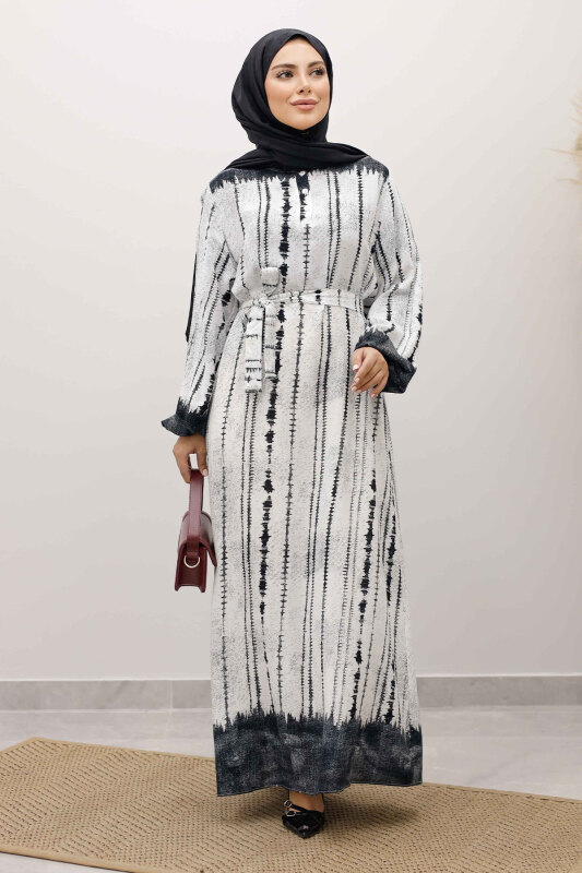 Batik Desenli Viskon Elbise TSD250229 Siyah - 1