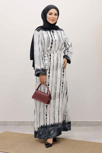 Batik Desenli Viskon Elbise TSD250229 Siyah - 3