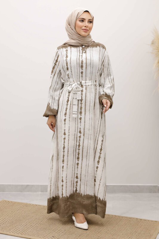 Batik Desenli Viskon Elbise TSD250229 Vizon - 3