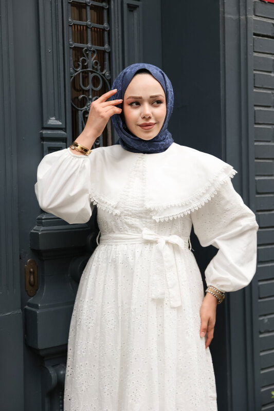 Bebe Yaka Beli Kuşaklı Elbise TSD250158 Beyaz - 2