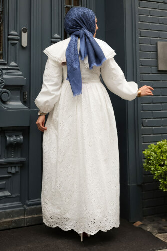 Bebe Yaka Beli Kuşaklı Elbise TSD250158 Beyaz - 6