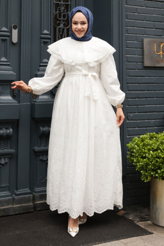 Bebe Yaka Beli Kuşaklı Elbise TSD250158 Beyaz - 3