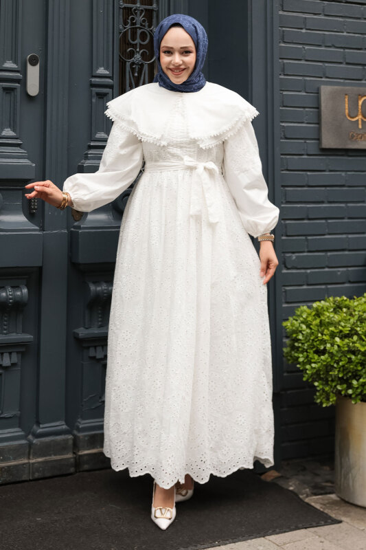 Bebe Yaka Beli Kuşaklı Elbise TSD250158 Beyaz - 3