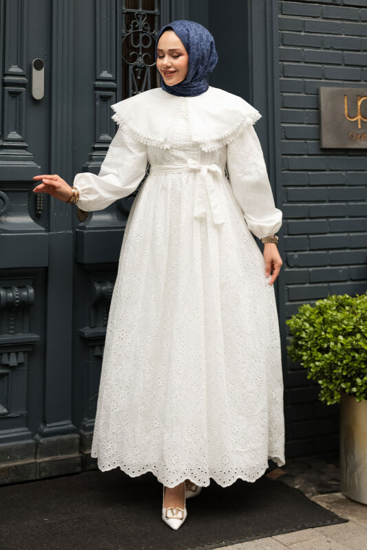 Bebe Yaka Beli Kuşaklı Elbise TSD250158 Beyaz - 4