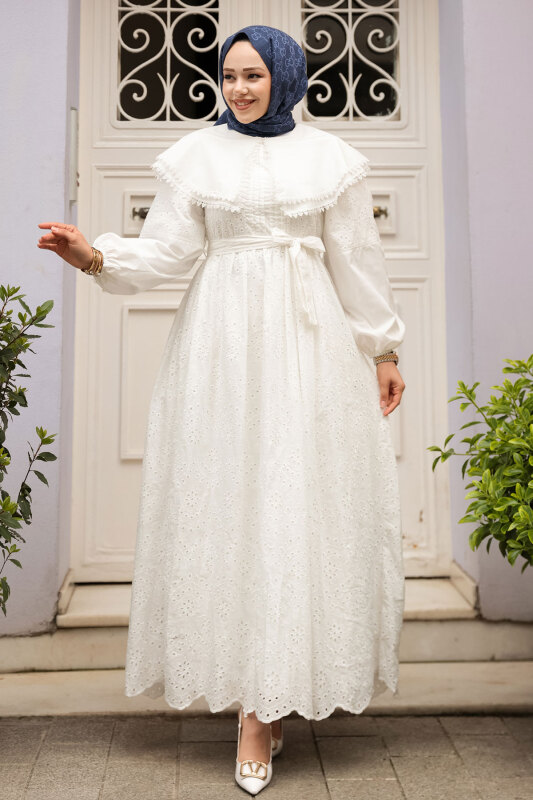 Bebe Yaka Beli Kuşaklı Elbise TSD250158 Beyaz - 1