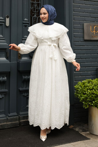 Bebe Yaka Beli Kuşaklı Elbise TSD250158 Beyaz - 5