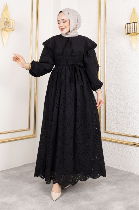 Bebe Yaka Beli Kuşaklı Elbise TSD250158 Siyah - 1