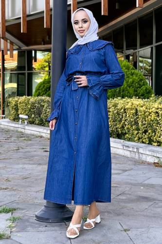 Bebe Yaka Önü Düğmeli Kot Elbise TSD220846 Koyu Mavi 