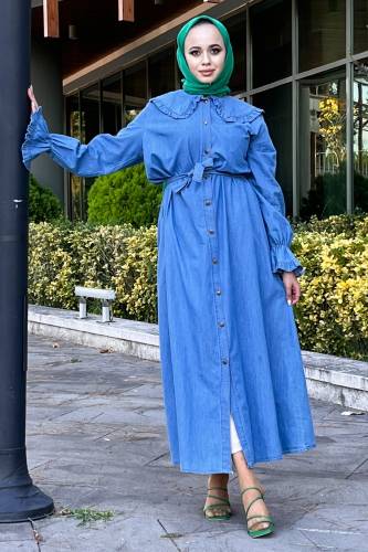 Bebe Yaka Önü Düğmeli Kot Elbise TSD220846 Açık Mavi - 1