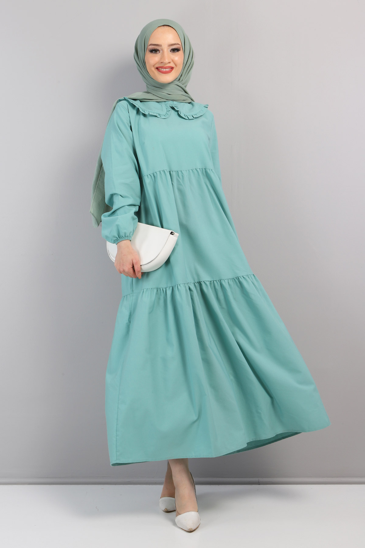 Tesettür Dünyası - Bebe Yaka Tesettür Elbise TSD0706 Su Yeşili