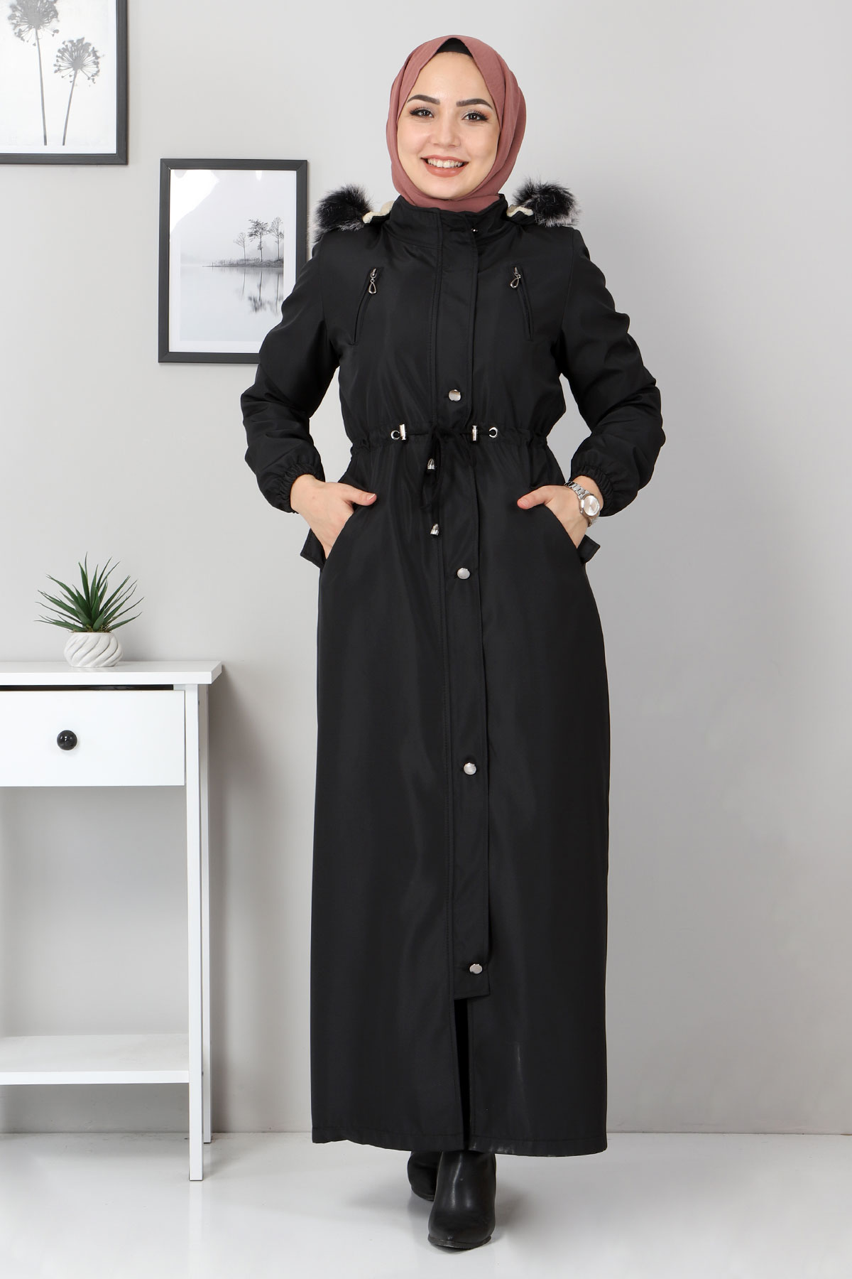 Tesettür Dünyası - Tie Waist Covered Coat TSD1936 Black
