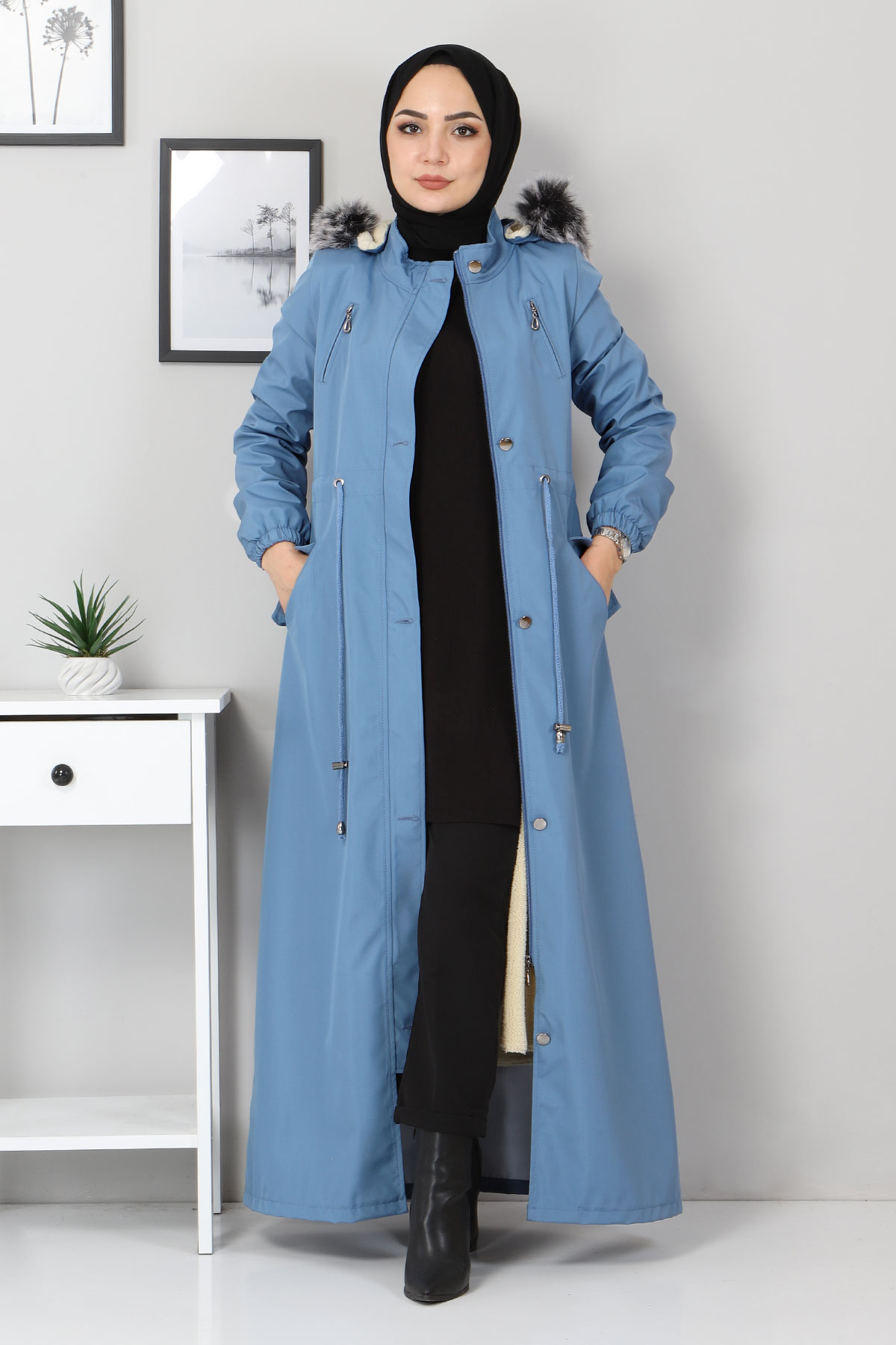Tesettür Dünyası - Tie Waist Covered Coat TSD1936 Blue