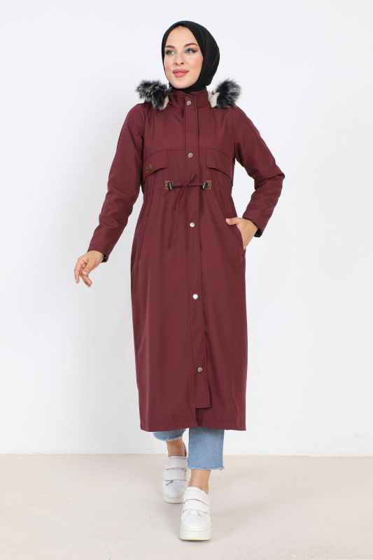 Beli Bağcıklı Mont TSD1932 Mürdüm - Tesettür Dünyası