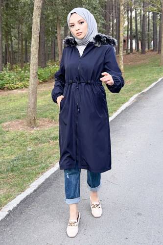 Beli Bağcıklı Mont TSD220903 Lacivert - Tesettür Dünyası
