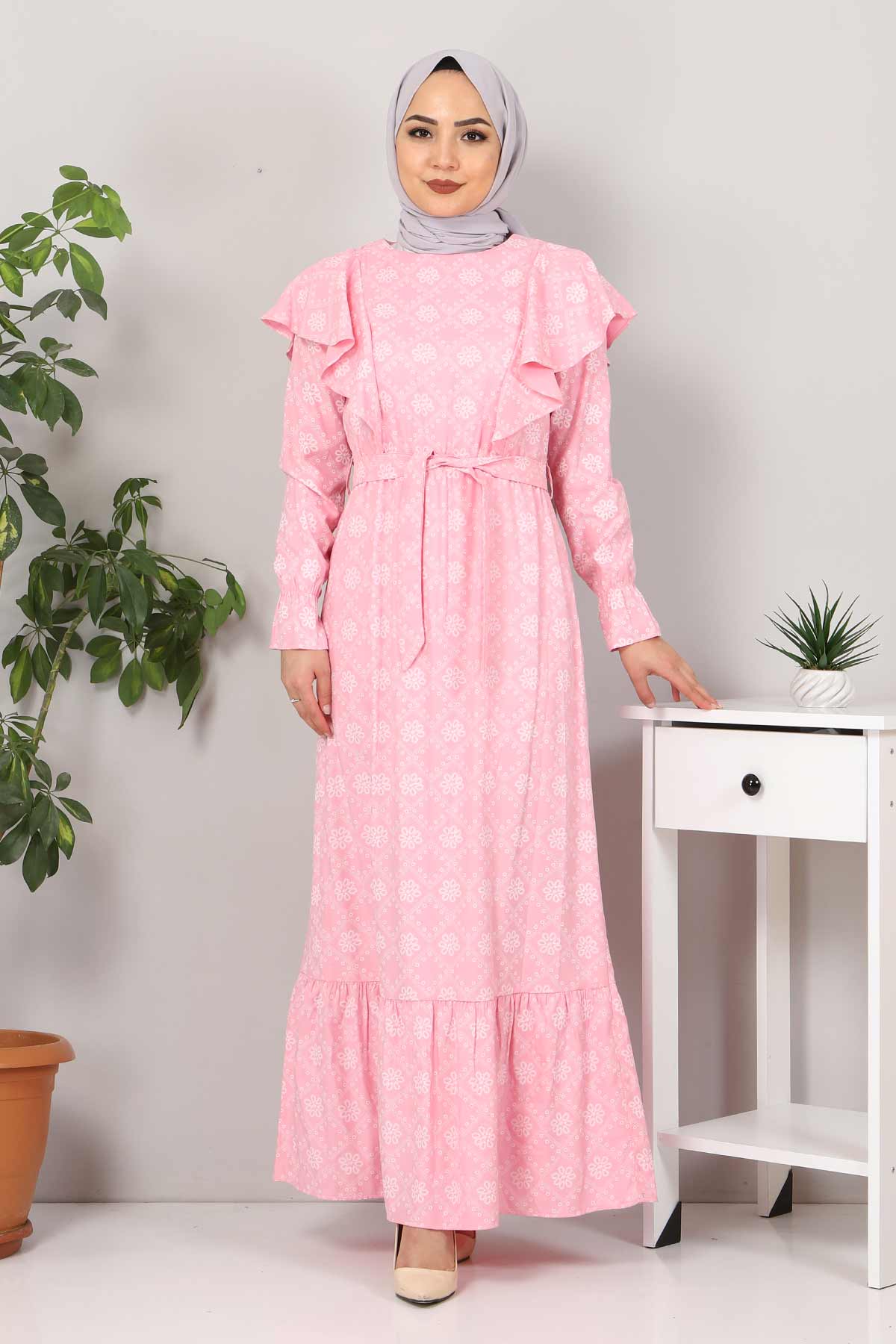 Tesettür Dünyası - Tie Waist Hijab Dress TSD4404 Pink