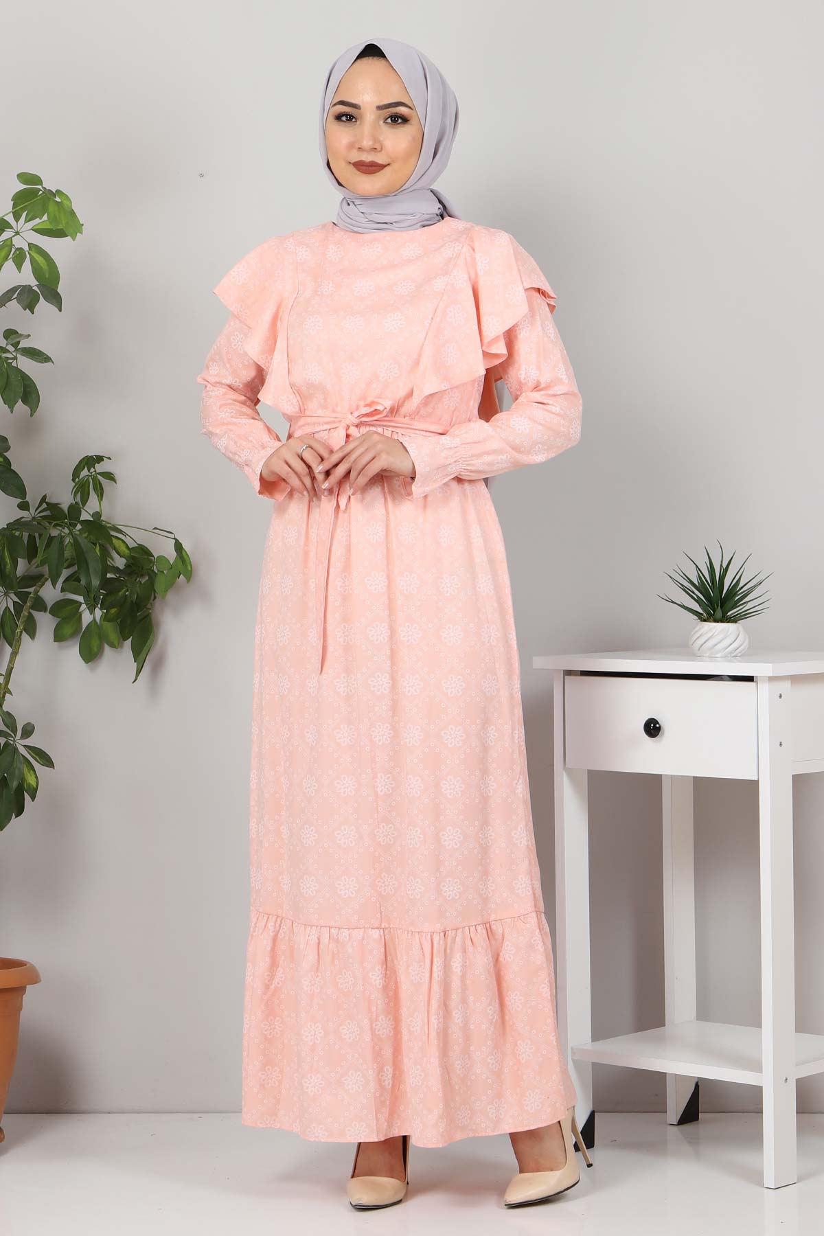 Tesettür Dünyası - Tie Waist Hijab Dress TSD4404 Light Orange