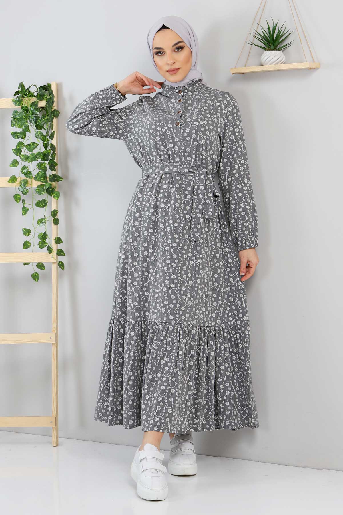 Tesettür Dünyası - Tie Waist Floral Patterned Veiling Dress TSD211240 Gray