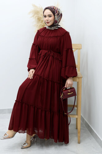 Beli Bağlamalı Fırfırlı Şifon Elbise TSD260142 Bordo - Tesettür Dünyası