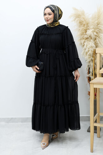 Beli Bağlamalı Fırfırlı Şifon Elbise TSD260142 Siyah - Tesettür Dünyası