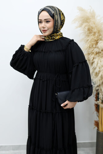 Beli Bağlamalı Fırfırlı Şifon Elbise TSD260142 Siyah - Tesettür Dünyası (1)