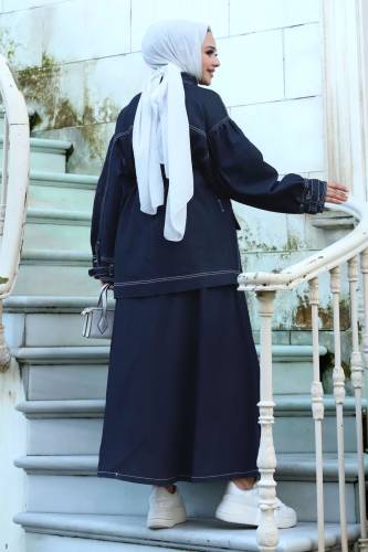 Beli Bağlamalı Mevlana Etekli İkili Kot Takım TSD240109 Koyu Mavi - 5