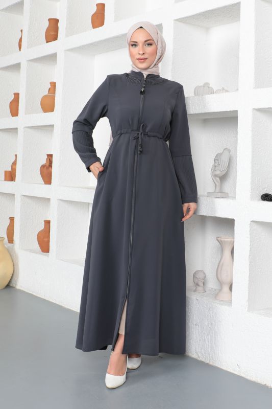 Beli Bağlamalı Tesettür Ferace TSD230342 Antrasit - Tesettür Dünyası