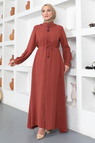 Beli Bağlamalı Tesettür Ferace TSD230342 Kiremit 