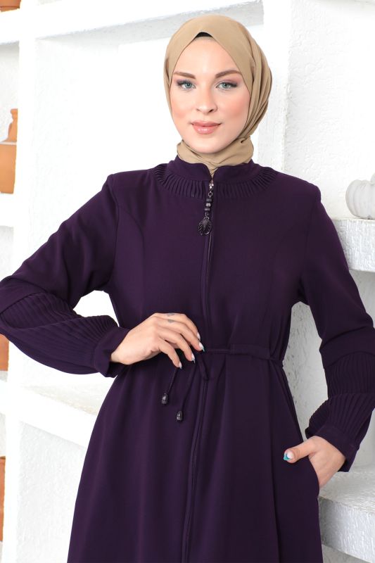 Beli Bağlamalı Tesettür Ferace TSD230342 Mürdüm - Tesettür Dünyası (1)