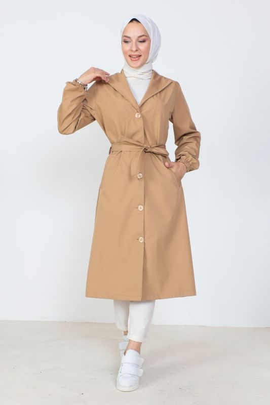 Beli Bağlamalı Trençkot TSD230808 Camel - Tesettür Dünyası