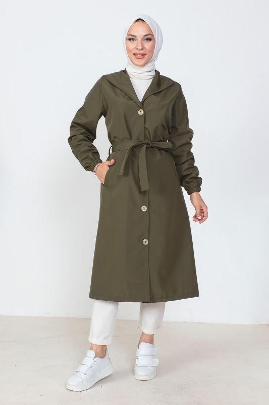 Beli Bağlamalı Trençkot TSD230808 Haki - Tesettür Dünyası