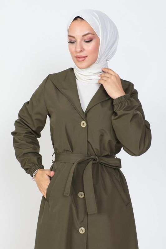 Beli Bağlamalı Trençkot TSD230808 Haki - Tesettür Dünyası (1)