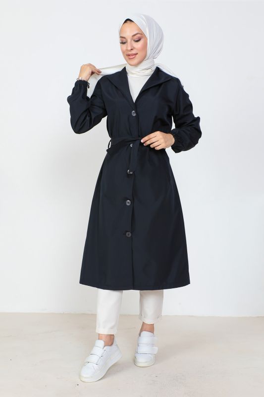 Beli Bağlamalı Trençkot TSD230808 Lacivert - Tesettür Dünyası