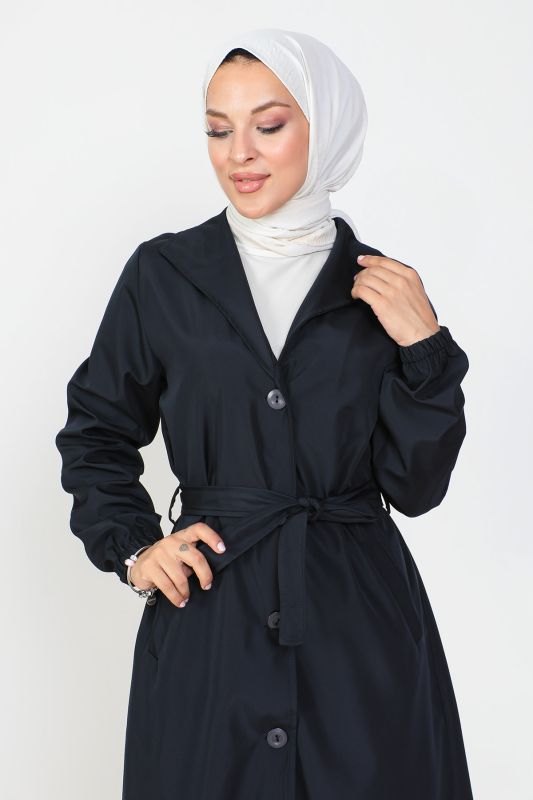 Beli Bağlamalı Trençkot TSD230808 Lacivert - Tesettür Dünyası (1)