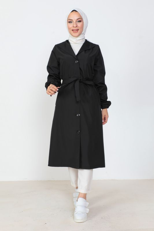 Beli Bağlamalı Trençkot TSD230808 Siyah - Tesettür Dünyası
