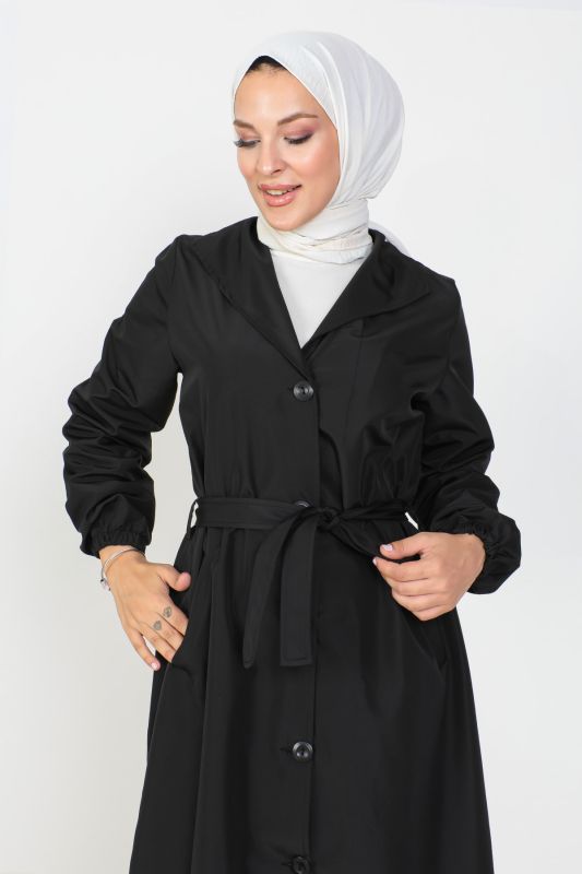 Beli Bağlamalı Trençkot TSD230808 Siyah - Tesettür Dünyası (1)