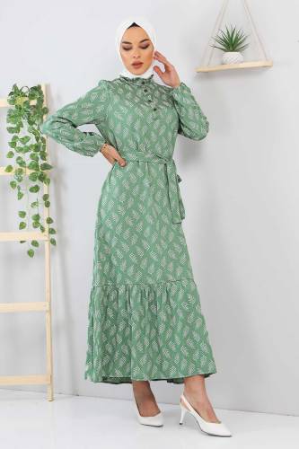 Tesettür Dünyası - Beli Bağlamalı Yaprak Desenli Tesettür Elbise TSD211239 Mint Yeşili