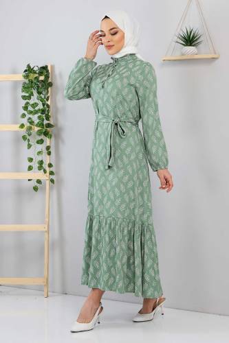 Tesettür Dünyası - Beli Bağlamalı Yaprak Desenli Tesettür Elbise TSD211239 Mint Yeşili (1)