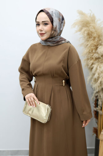 Beli Broş Detaylı Elbise TSD260149 Vizon - 2