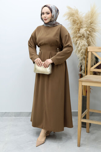 Beli Broş Detaylı Elbise TSD260149 Vizon - 5