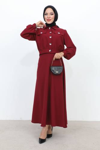 Beli Büzgülü Cepli Etekli Takım TSD231201 Bordo 