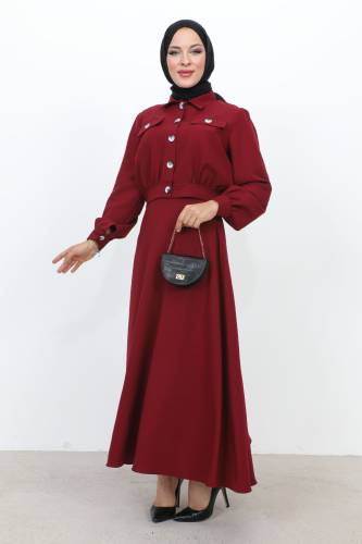 Beli Büzgülü Cepli Etekli Takım TSD231201 Bordo - 3