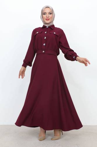 Beli Büzgülü Cepli Etekli Takım TSD231201 Mürdüm - 3