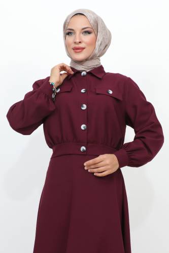 Beli Büzgülü Cepli Etekli Takım TSD231201 Mürdüm - 2