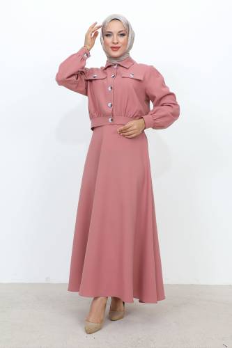 Beli Büzgülü Cepli Etekli Takım TSD231201 Pudra 