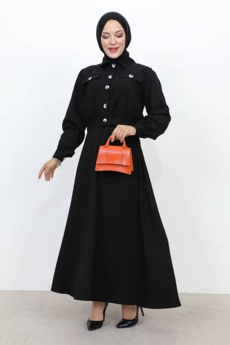 Beli Büzgülü Cepli Etekli Takım TSD231201 Siyah - 3