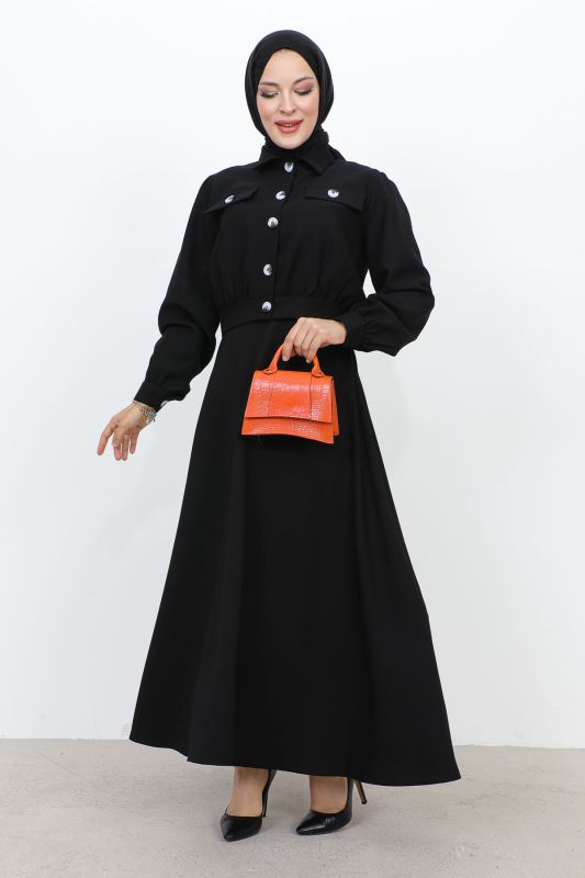 Beli Büzgülü Cepli Etekli Takım TSD231201 Siyah - 3